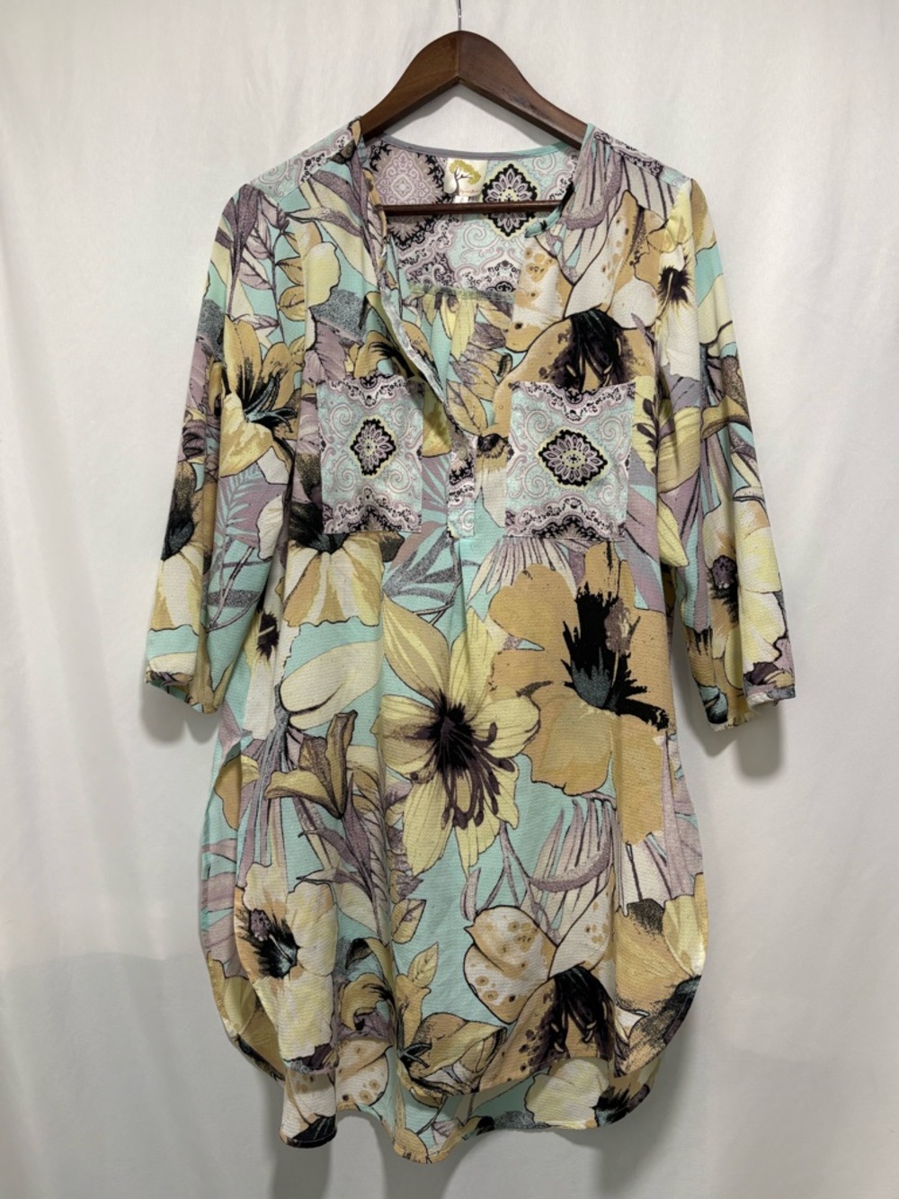Fig and Flower Floral Tunic Dress Boho Button Front Size L